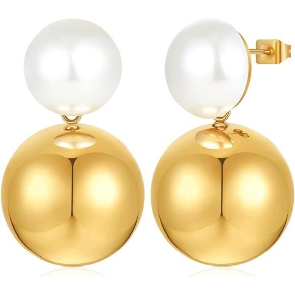 18K Gold-Plated Classic Pearl Drop Earrings – Semi-Round Studs & Ball Dangles - Picture 2 of 7